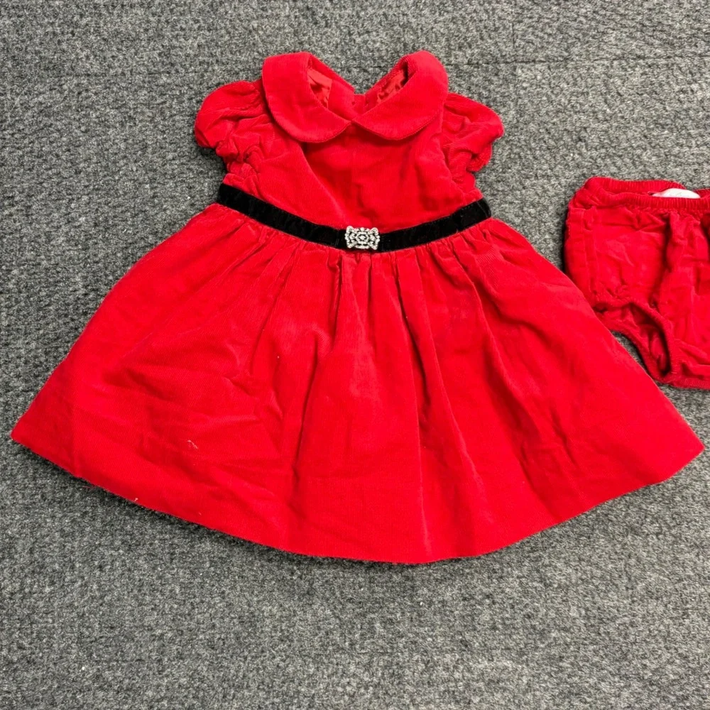 Ralph Lauren Baby Girls Red Corduroy Holiday Dress Velvet Trim Diaper Cover 3M